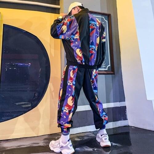 Hip-hop Purple Patchwork Fashion Men Set Two-piece Set Splice Printed Loose Suit Male Jacket+ Pants Street 2020 Dance Tracksuit
