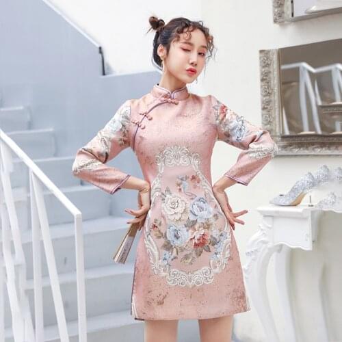 SWEETXUE 2021 new Jacquard Disc Buckle Split Chinese Style Improved Cheongsam Dress Mandarin Collar Women Dresses