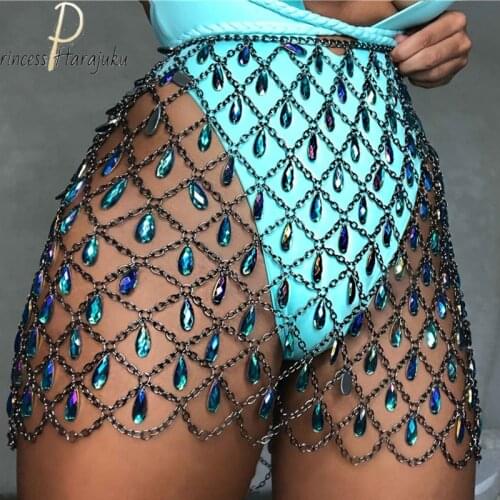 New Adjustable Women Chic Skirt Sexy Hollow Out Patchwork Shiny Rhinestone Tassel Metal Link Chain Skirts Festival Sexy Skirt
