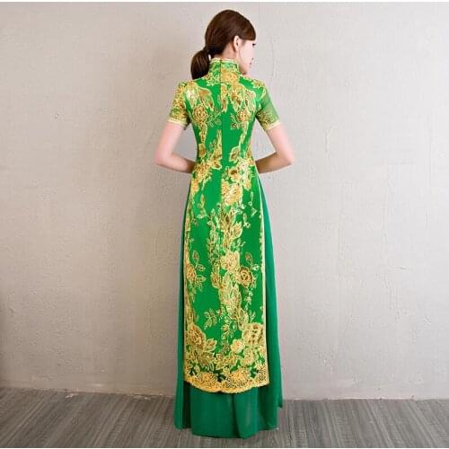 New Vietnamese AoDai Cheongsam Aude Long Summer Chinese Shanghai Walking Show Choir folk performance elegant Dress stage wear