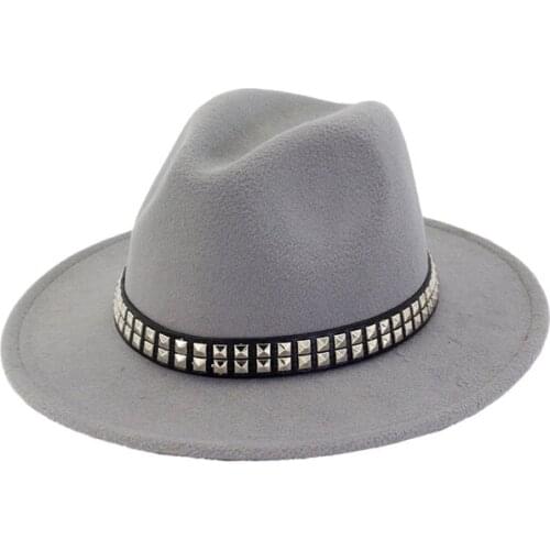 Welcomed Women Men Wool Felt Fedoras Hat with Rivets Belt Lady Flat Brim Jazz Hat Formal Party Trilby Top Hat 12 Colors GH-440