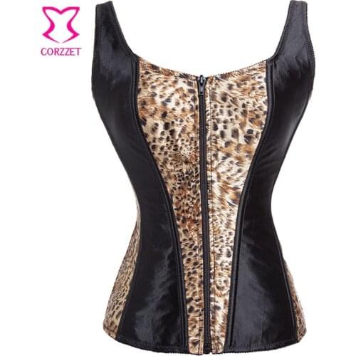 Sexy Black Satin and Leopard Print Corset Tank Overbust Boning Zipper Bustier Fashion Women Corpetes E Espartilhos Lingerie