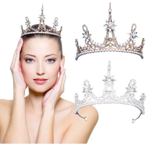 Wedding Bridal Bridesmaid Eiffel Tower Crown Tiara Crystal Imitation Pearl Headband Bride Hair Accessories SANA889
