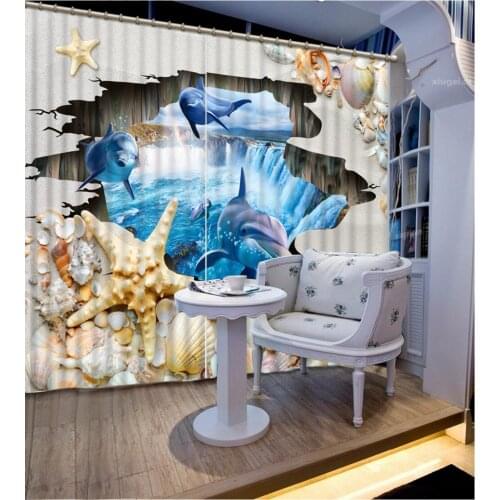 Home Bedroom Decoration Fashion Customized 3D Curtain Shell Scenery Dolphins Curtains For Bedroom Blackout Shade Window Curtains