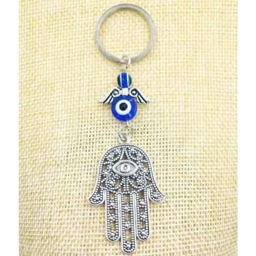 Blue Evil Eye Lucky Fatima Hamsa Hand Turkish Evil Eye Charm Protection Hanger Crystals Car Feng Shui Keychain Q1