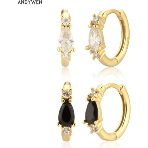 ANDYWEN 925 Sterling Silver Gold Clear Black Zircon Piercing Clips Huggies Hoops Women Rock Punk Jewelry 2020 Fashion CZ Pave