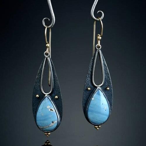 Vintage Tear Drop Blue Resin Earrings for Women Boho Ethnic Tribal Handmade Metal Dangle Long Pendant Earring Brincos