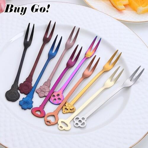 1PC Lovely Stainless Steel Two-tine Dessert Fruit Forks Multiple Use Mini Salad Snack Tasting Fork Food Pick Flatware for Kids