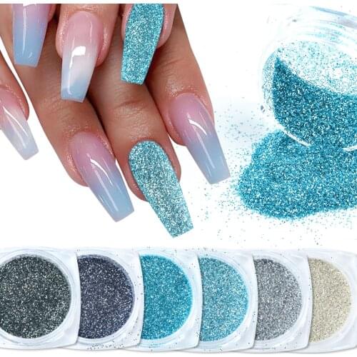 6pcs Mixed Glitter Sandy Powder Nail Art Sparkly Rhinestone Pigment Sugar Powder Holo Glitter Blue UV Gel Polish Decor JI1539-25
