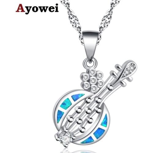 Ayowei Popular gift guitar shape blue Fire Opal silver plated stamped fashion jewelry pendant necklace for women OP814A