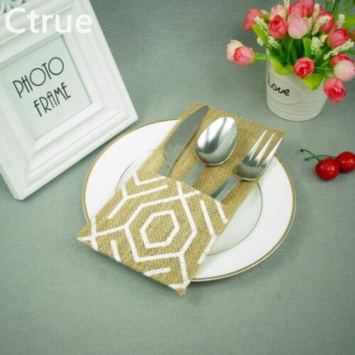 10PCS 4"x8" Jute Hessian Burlap Tableware Pouch Pocket Knife and Fork Bag Cutlery Holder Bags Rustic Wedding Decoration