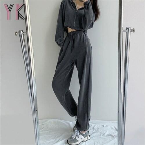 Hooded Cardigan Zipper Top And Love Pocket Trouser Tracksuits Gray Casual Korean Fashion Women Sweat Suits Joggers Two-Piece Set