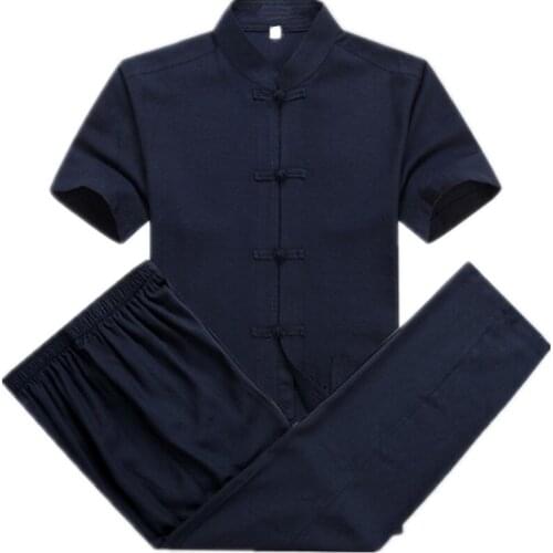 Malenavy blue summer short-sleeve linen tang suits Chinese style clothes kung fu uniform wing chun clothing sets