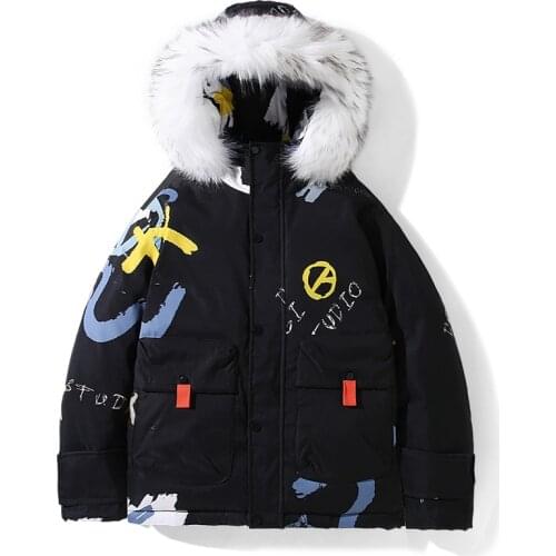 Fur Collar Fashion Winter Down Jacket Men Parkas Multi-pocket White Duck Down Coat Hooded Black White Thick Warm Man Parkas