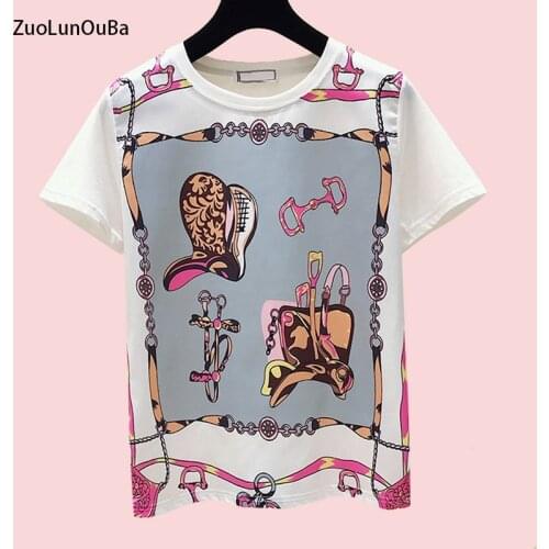 ZuoLunOuBa New Arrival Summer Women Fashion T Shirt Print Pattern Gaoding Hat Tees Retro Female Short Sleeve Tops Korean Lady