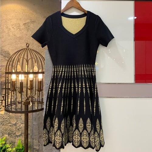 High quality Knitted Dress Black Jacquard V Neck Short Sleeve A-Line Above Knee Women Party Dresses going out work elegant 2021