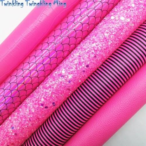 PInk Glitter Leather Fabric , Stripes Crocodile Mermaid Pattern Synthetic Leather Fabric For Bow 21x29CM Twinkling Ming KM397
