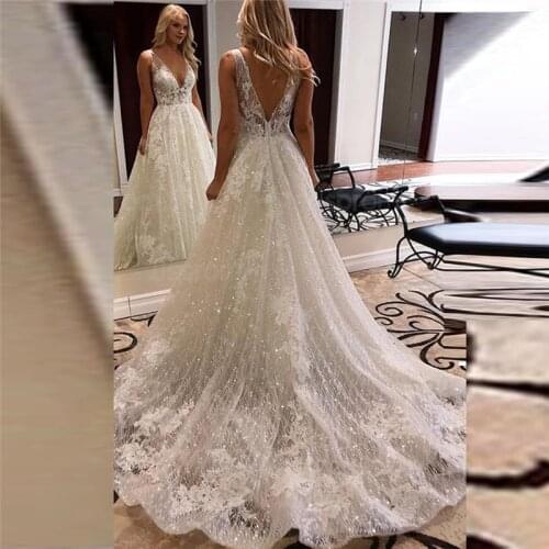 Sexy Deep V-Neck Bling Bling A-Line Wedding Dresses Lace Appliques Long Backless Bridal Gowns Custom Made Robe De Mariee
