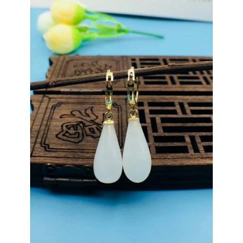 SHILOVEM 18k yellow gold real Natural white Jasper drop earring classic fine Jewelry women wedding gift new 8*19mm yze81900hby
