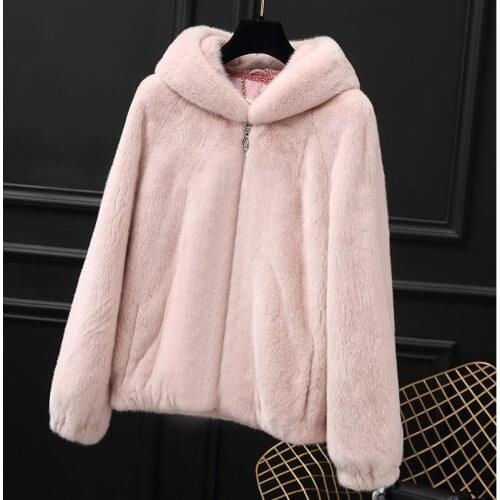 Mink fur coat short fur leather jacket 2019 womens clothing outerwear jacket coats winter new hooded zipper
