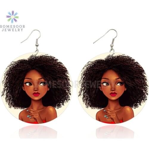 SOMESOOR Printed Black Cute Girl Curly Hair Africa Wood Drop Earrings AFRO Artstic Paint Wooden Dangle Jewelry For Women Gifts