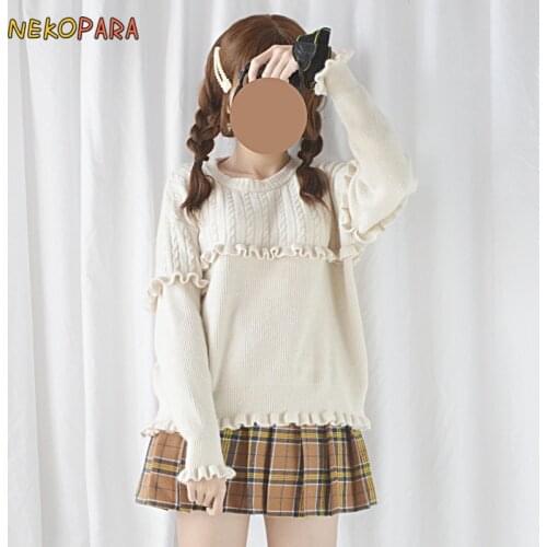 Mori Girl Ruffles Trim Cute Womens Knitted Sweater Loose Pullovers O-neck Autumn,Winter Retro Sweaters Color Beige Pink Blue