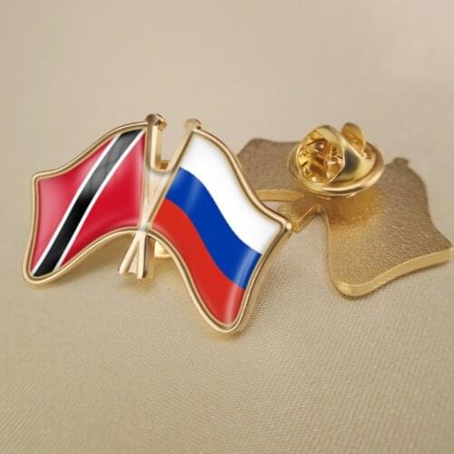 Trinidad and Tobago and Russian Federation Crossed Double Friendship Flags Lapel Pins Brooch Badges