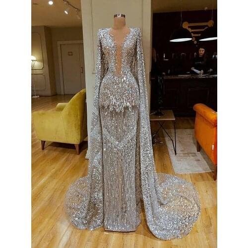 Sparkly Full Sequined Long Sleeves Mermaid Evening Dresses With Wrap Luxury Silver Prom Dress Formal Party Pageant Gown