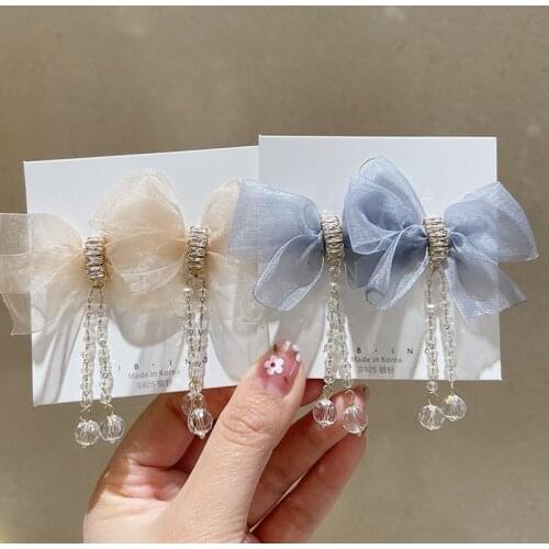 Japan and South Korea Sexy Chiffon Bow Crystal Long Tassel Earrings for Women Spring Summer Fashion Lace Statement Jewelry Gift