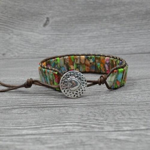 Semi-precious Stone Leather Bracelets for Women bijoux Cuff Bangles With Natural Colored Stones Wholesale Bohemian Summer 2019