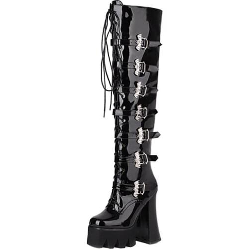 2021 Autumn Lace-Up Over The Knee Boots For Women Round Toe Thick Platform Punk Heels Black Female Long Boots Demonia Goth Shoes