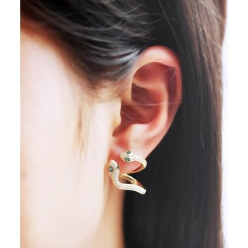 1 piece Women Stud Earrings Snake Silver Color Green Stone Cubic Zircon Paved Earring Trendy Indian Jewelry Fashion Sexy Aretes