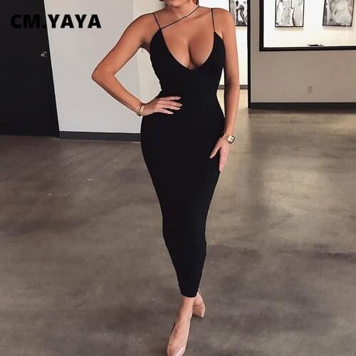 CM.YAYA 2021 Summer Sleeveless Midi Dress Women Strap Sheath Elastic Sexy Club Night Party V-Neck Backless Dresses Female