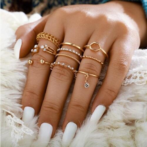 Golden Simplism Bohemian Rhinestones Pearls Geometric Women`s Fashion Finger ring Set Joint Ring Pack
