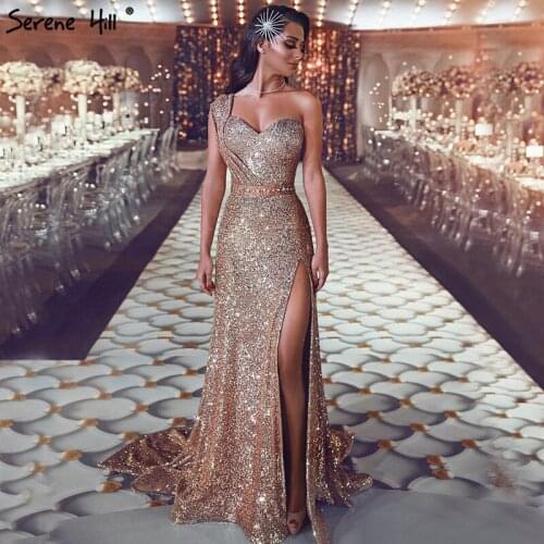 Gold Luxury One Shoulder Sexy Prom Dresses 2020 Dubai Sleeveless Sequined Sparkle Prom Gown Serene Hill BLA60832