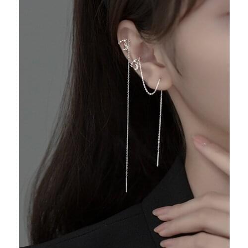 100% Real. 925 Sterling Silver Fine Jewelry Moon Star circle Cuff ear earrings Piercing Threader Chain Long C-G9713