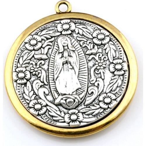5Pcs Two-Tone Virgin Mary Medal Charm Pendants Religion DIY Jewelry Fit Pendants Necklace Christmas Gift 48.5x53mm A-562