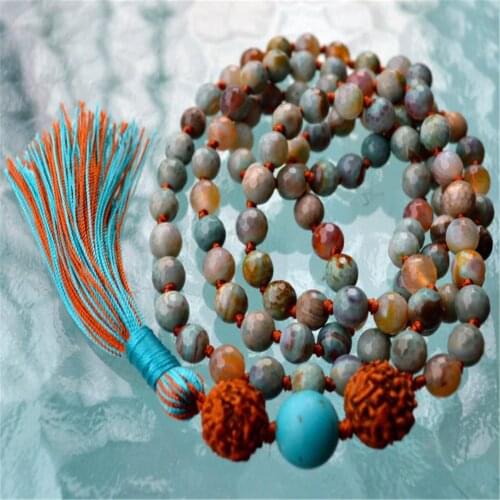 8mm Amazonite Gemstone 108 Beads Mala Tassel Necklace Spiritua Yoga Meditation Lucky Chakra Prayer