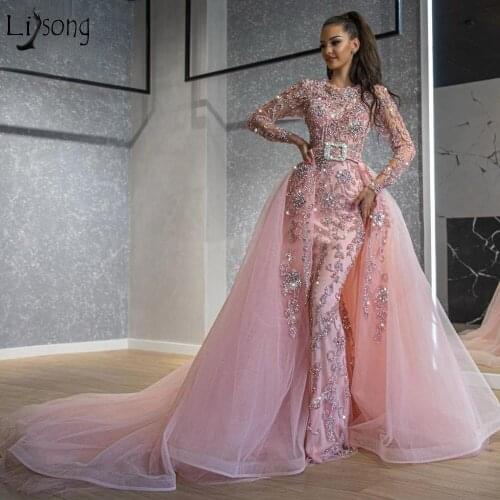 Sparkly Beading Mermaid Prom Dresses with Detachable Train Arabic Dubai Luxury Long Sleeves Evening Dress 2020 Pink Formal Gowns