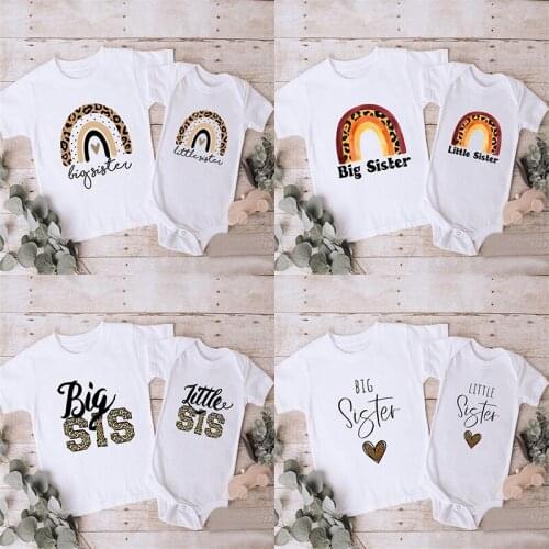 Big Sister Little Sister Girls Tshirt & Baby Rompers Leopard Rainbow Print Kids T-shirt Cute Sibling Matching Outfits Clothes