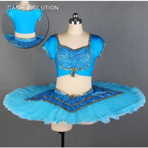 BLL118 Blue Pre-professional Ballet Costumes with Spandex Top and Pancake Tutu Girl & Adult Stage Show Dancewear Solo Dress