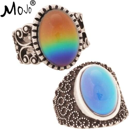 2PCS Antique Silver Plated Color Changing Mood Rings Changing Color Temperature Emotion Feeling Rings Set For Women/Men 003-005