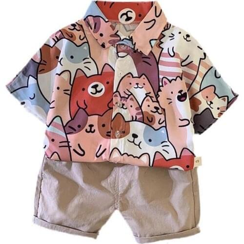 Summer Boy Childrens Clothing Cartoon Casual Cotton Single-Breasted T-Shirt+Shorts Two-Piece Fashion Baby Toddler Clothies Set