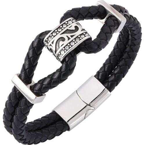 Men Double Layer Black Leather Bracelet Stainless Steel Magnetic Buckle Braided Bracelets Wrist Band Gifts ST0370