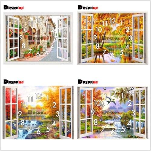 Dpsprue 5D Diamond Painting Kit With Clock Cross stitch Full Square Round Diamond Embroidery Mosaic Window Scenery Gift
