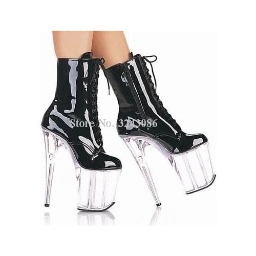 Sexy Transparent Platform Ankle Boots Ladies Patent Leather Lace-up 15/20cm Heels Short Boots Fashion Club Party Shoes