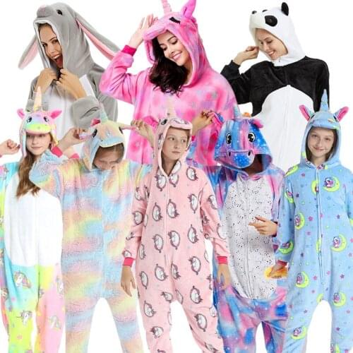 Winter Women Men Unisex Adult Animal Pajamas Kigurumi Stitch Unicorn Onesies Pyjamas Children Cosplay Sleepwear Pjs Kids Costume