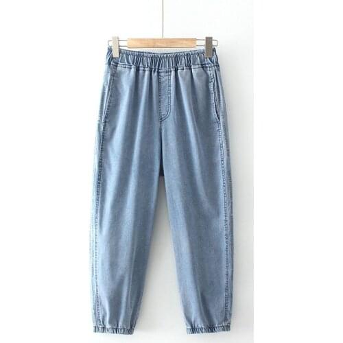 Plus Size Womens Elastic Waist Blue Dark Grey Light Denim Jeans Casual Elastic Waist Ankle Tencel Pants with Pockets