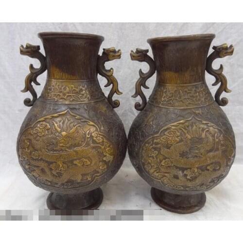 S00802 12" Chinese Bronze Gilt Wealth Dragon Head Unicorn Statue Flower Vase Pot Pair