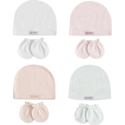 Newborn Baby Hat Gloves Set Soft Cotton Stripe Cap Anti Scratch Mittens Warmer F3ME